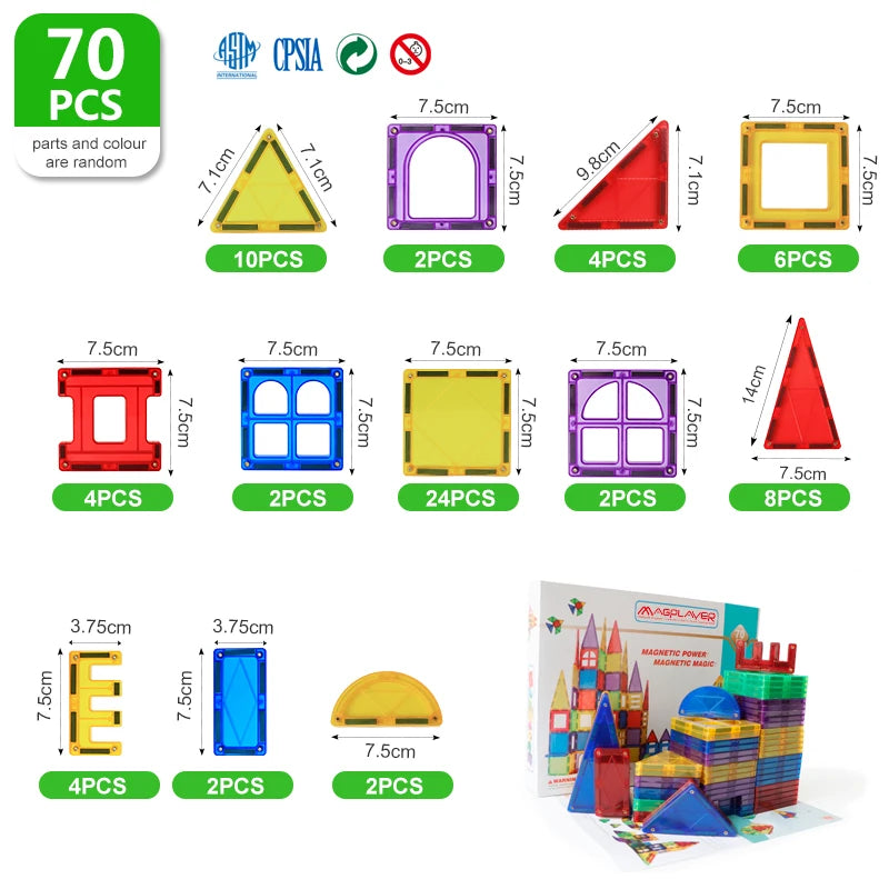 70PCS Magnetic Building Blocks Construction Set Big Size Magnetic Tiles DIY Gifts Educational Toys for Children