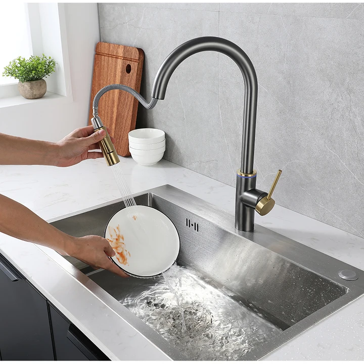 Modern Style Pull-Out Stainless Steel Induction Faucet Blender Kitchen Sink Faucet Gold Grey Mixing Brushed Surface Tap Design