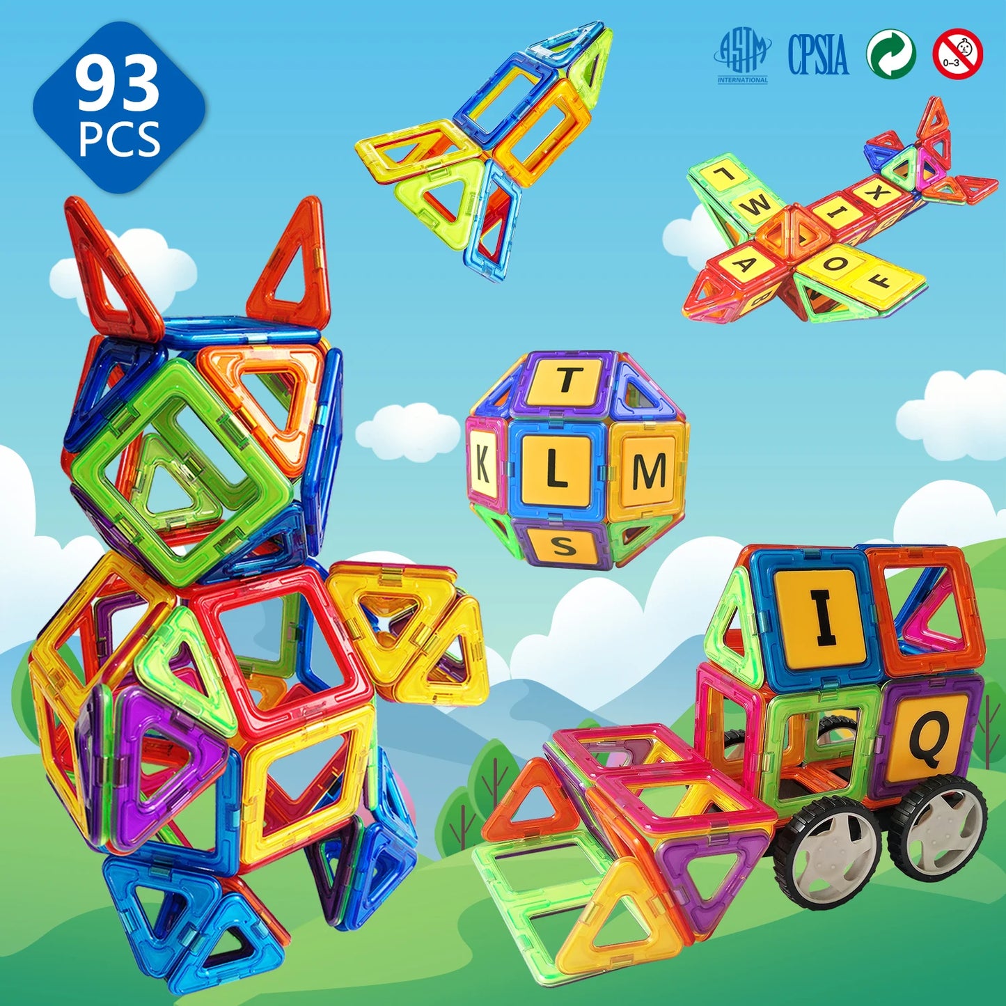 MAGPLAYER 93PCS Big Size Magnetic Tiles Magnets Designer Building & Construction Blocks Set Educational Toys for Children Gifts