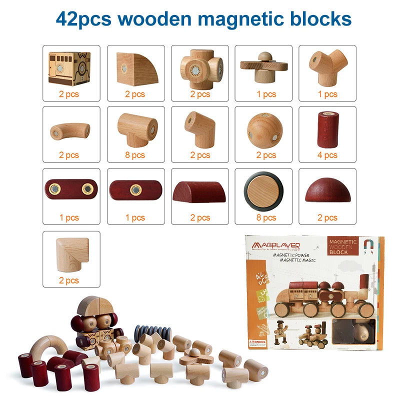 Magplayer 42PCS Preschool Magnetic Wooden Blocks Blocos De Madeira Educational Toys for Children Best Birthday Gifts