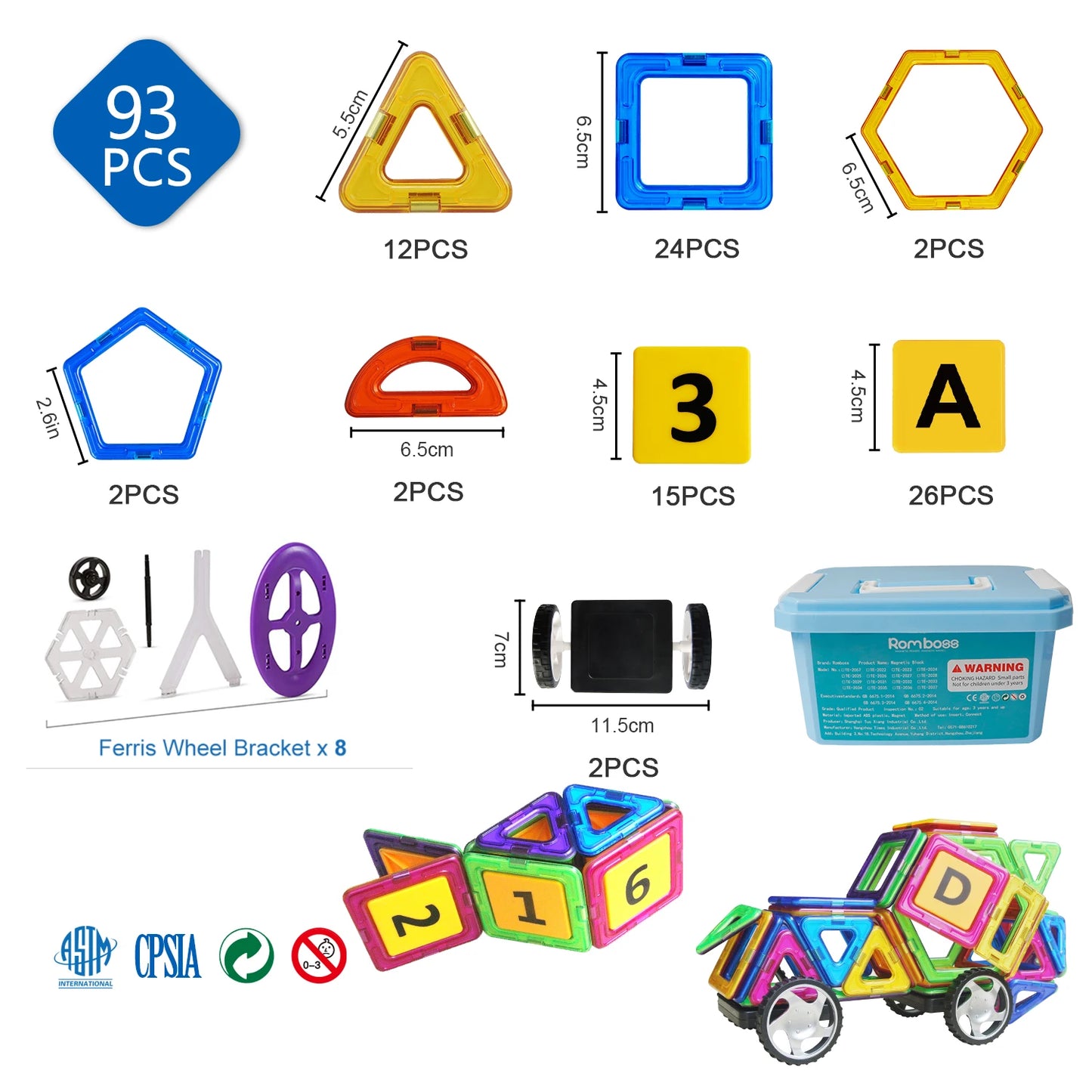 MAGPLAYER 93PCS Big Size Magnetic Tiles Magnets Designer Building & Construction Blocks Set Educational Toys for Children Gifts