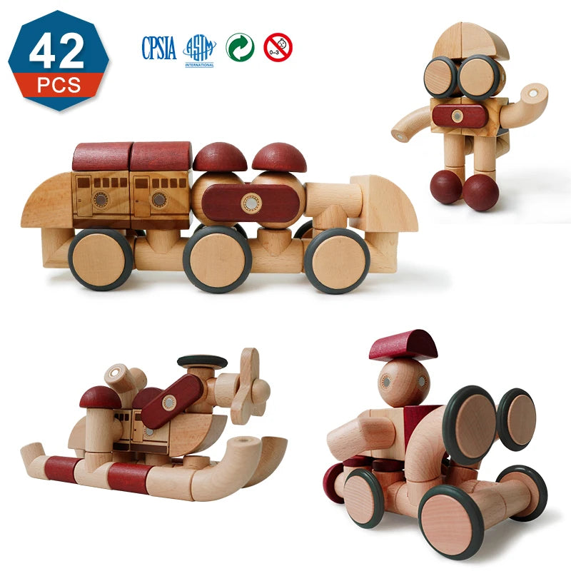 Magplayer 42PCS Preschool Magnetic Wooden Blocks Blocos De Madeira Educational Toys for Children Best Birthday Gifts