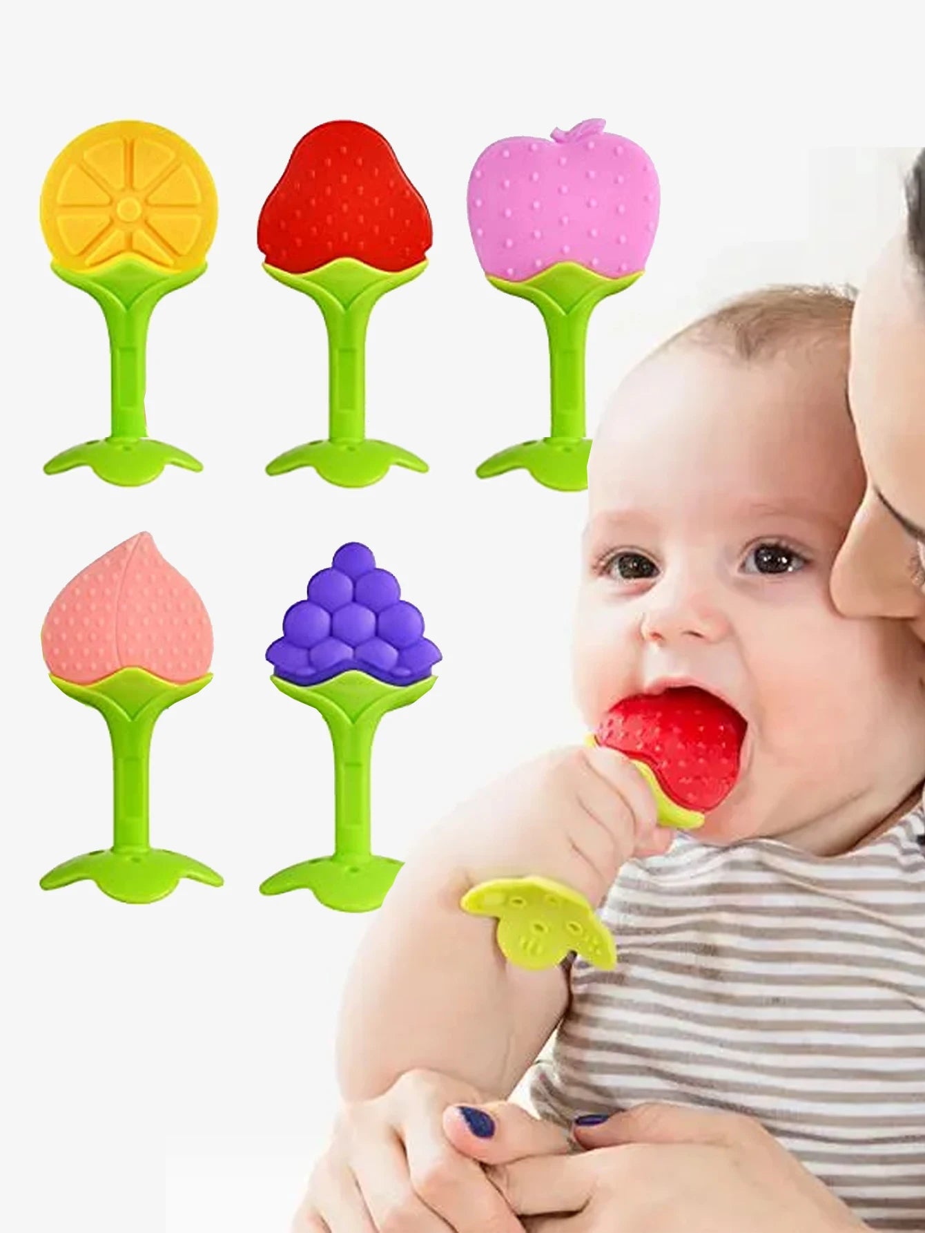 5Pcs/Set Baby Teething Toys Silicone Fruit Shape Teethers Freezer Safe BPA Free Soothe Babies Gums Set for Infant Toddler Gift