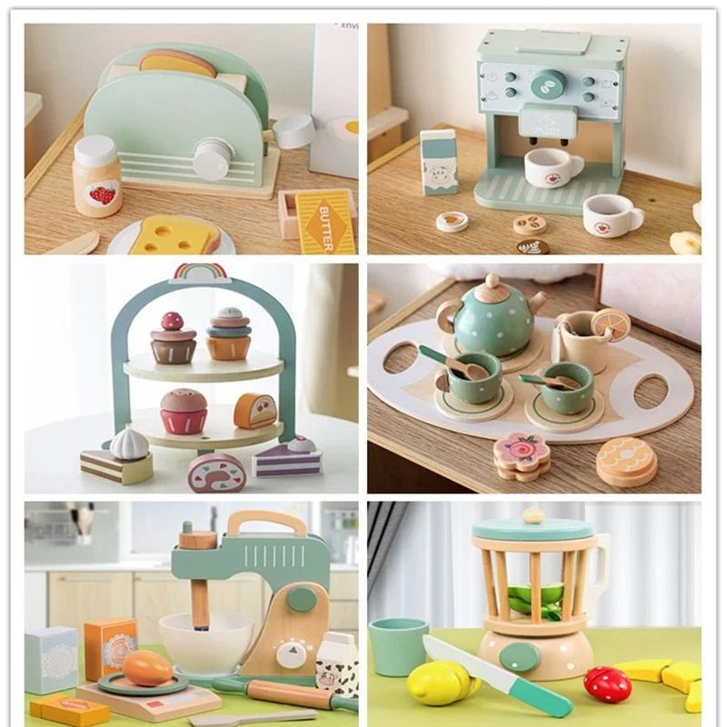 Kids Wooden Toys Coffee Maker Toy Set Cake Ice Cream Tea Time Playset Toddler Pretend Play Kitchen Accessories Gift for Children