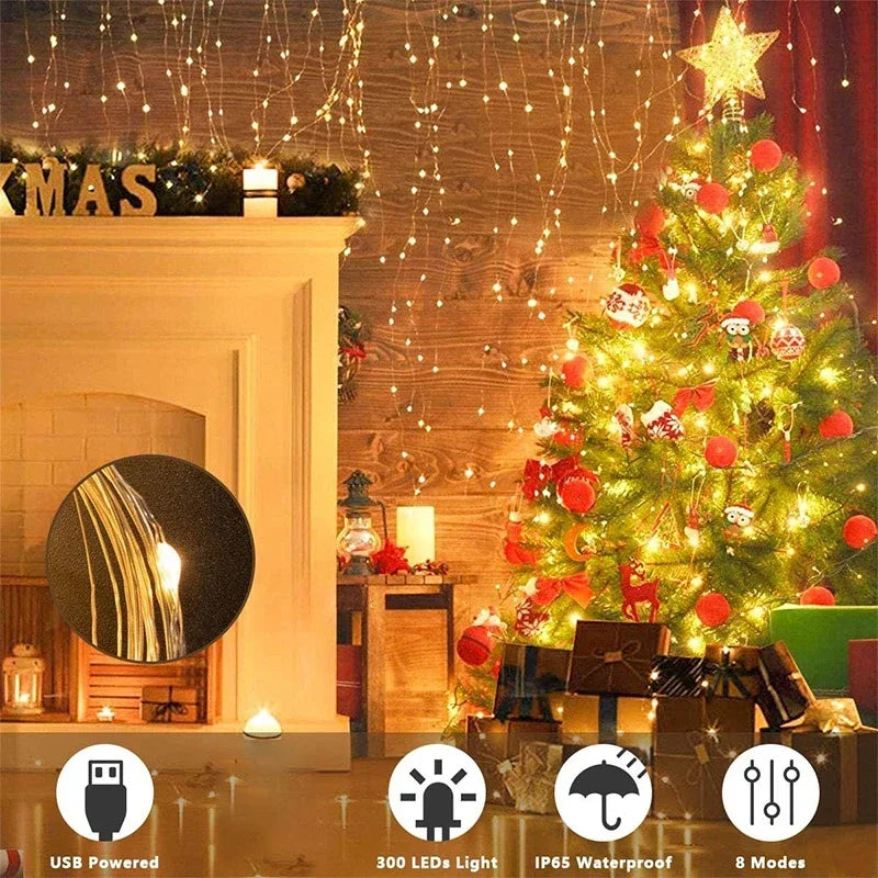 LED Curtain String Lights Fairy Decoration USB Holiday Garland Lamp 8 Mode For Home Garden Christmas Party New Year Wedding