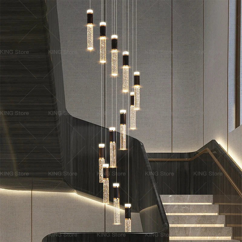 Light Luxury Duplex Loft Apartment Rotating Living Room Staircase LED Crystal Long Chandelier Hotel Villa Restaurant Lighting