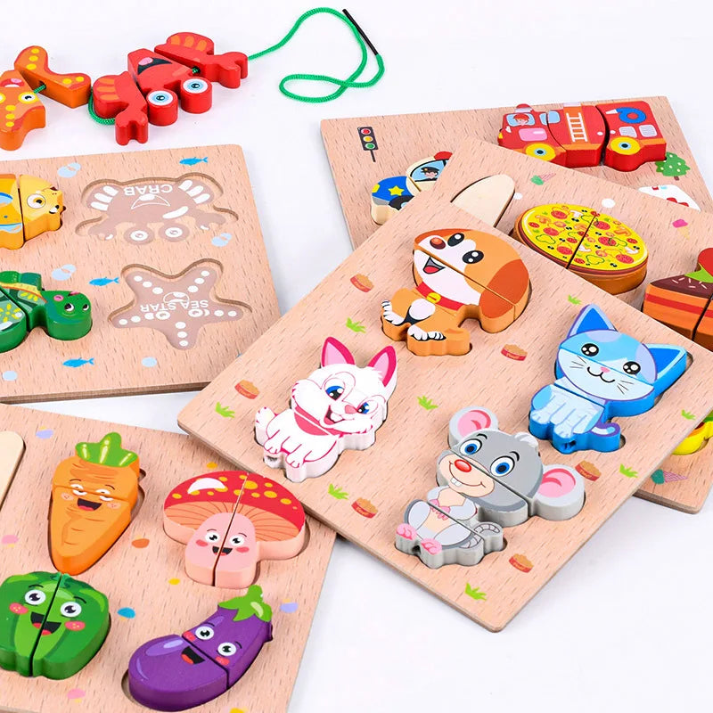 Montessori Wooden Toys Puzzle For Kids Car Animal Cognitive String Bead Building Blocks Cutting Fruits Educational Learning Toys