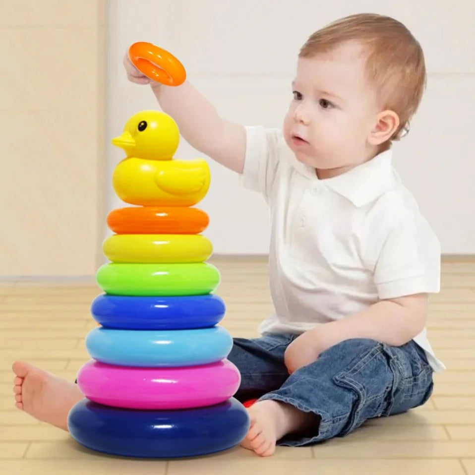 Children's Little Yellow Duck Rainbow Tower Stacking Ring Baby Early Childhood Education Puzzle Ring Montessoris Toy Kids