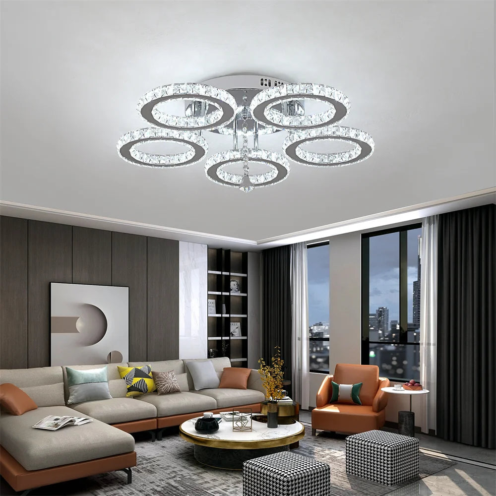 Modern Crystal Chandelier with App Dimmable Ceiling Light Fixture Rings Shape Flush Mount Chandelier for Bedroom Living Room