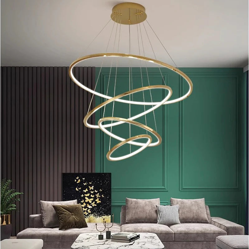 Ring lamp LED chandelier dining room bedroom duplex floor living room large chandelier staircase loft stainless steel chandelier