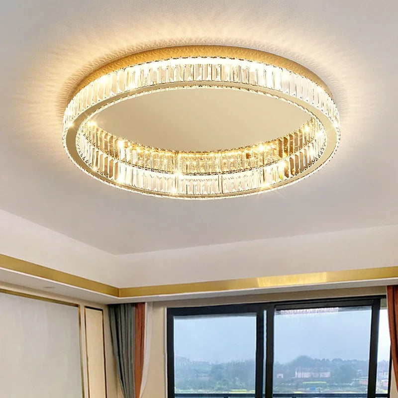 Modern LED Gold Crystal Ceiling Lights Circle Shining Steel Ceiling Chandelier for Living Room Bedroom Home Decor Crystal Lamps