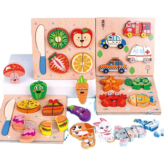 Montessori Wooden Toys Puzzle For Kids Car Animal Cognitive String Bead Building Blocks Cutting Fruits Educational Learning Toys