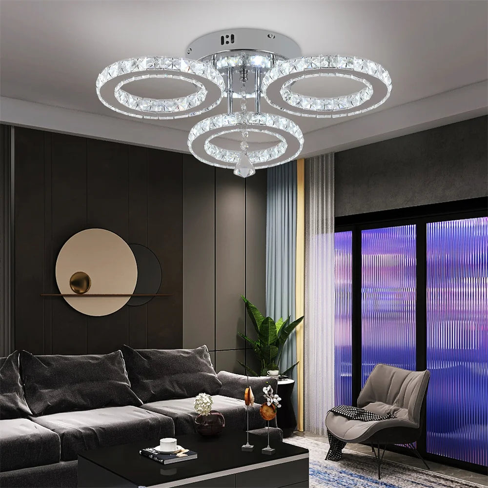 Modern Crystal Chandelier with App Dimmable Ceiling Light Fixture Rings Shape Flush Mount Chandelier for Bedroom Living Room