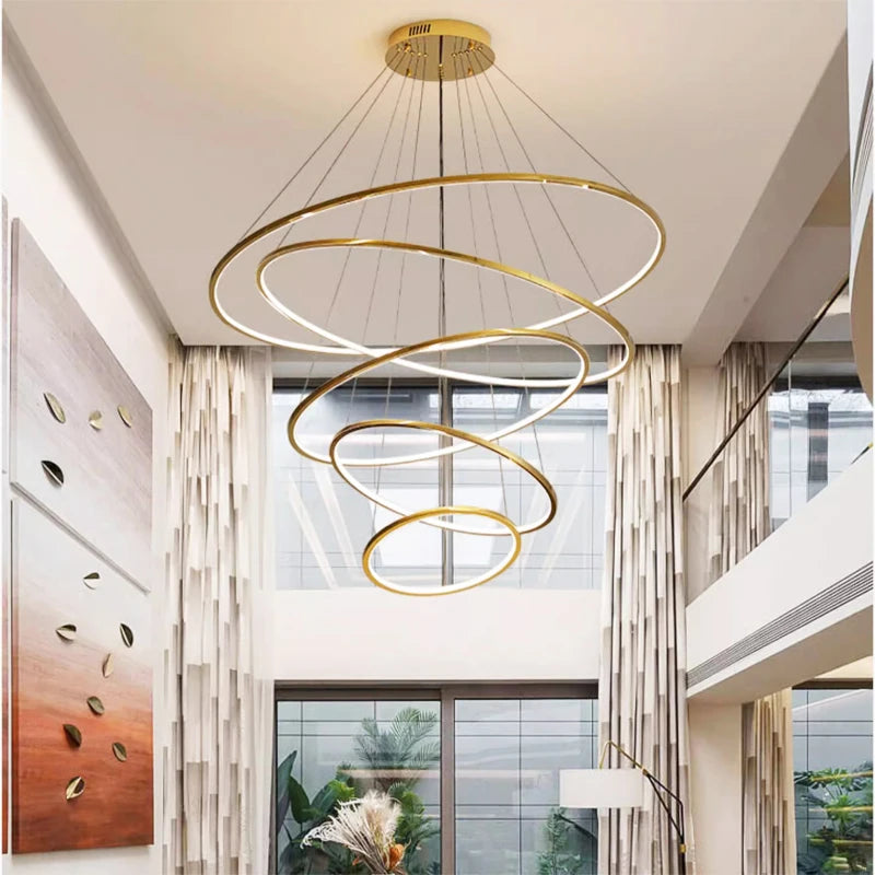 Ring lamp LED chandelier dining room bedroom duplex floor living room large chandelier staircase loft stainless steel chandelier