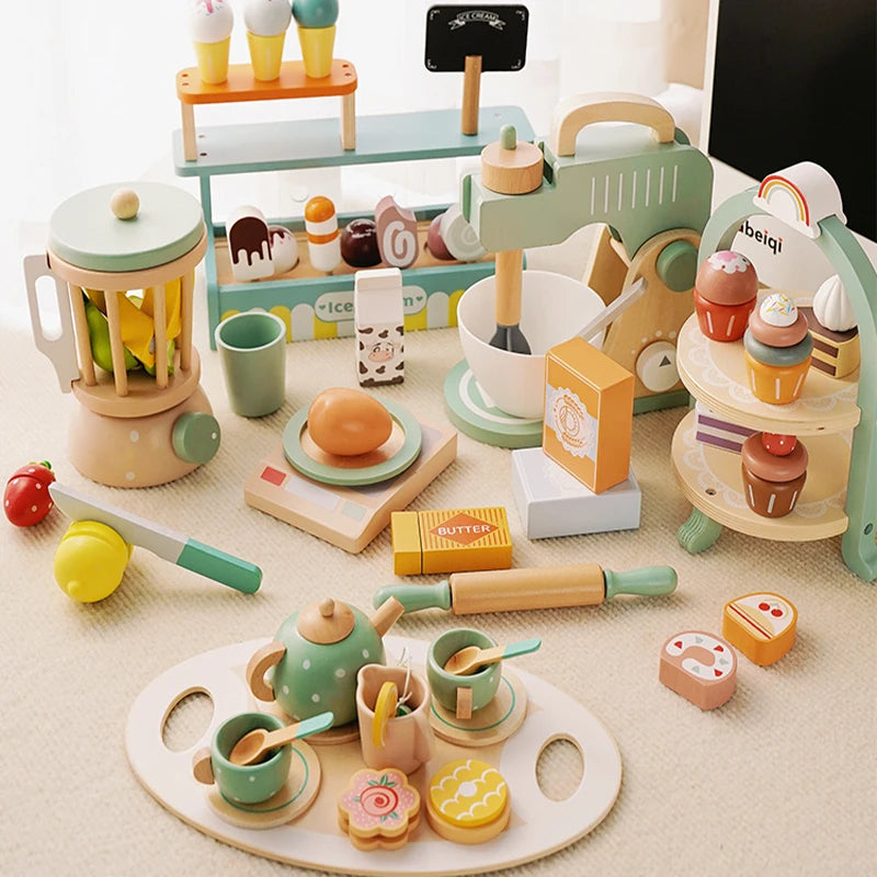 Kids Wooden Toys Coffee Maker Toy Set Cake Ice Cream Tea Time Playset Toddler Pretend Play Kitchen Accessories Gift for Children