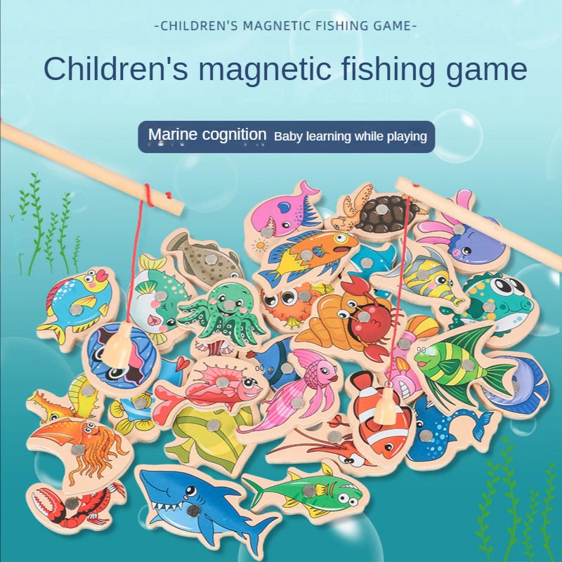 Wooden Magnetic Fshing Game Cartoon Marine Life Cognition Fish Rod Toys for Children Early Educational Parent-child Interactive