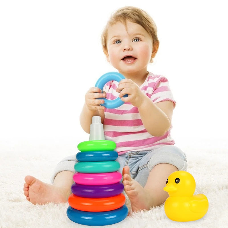 Children's Little Yellow Duck Rainbow Tower Stacking Ring Baby Early Childhood Education Puzzle Ring Montessoris Toy Kids