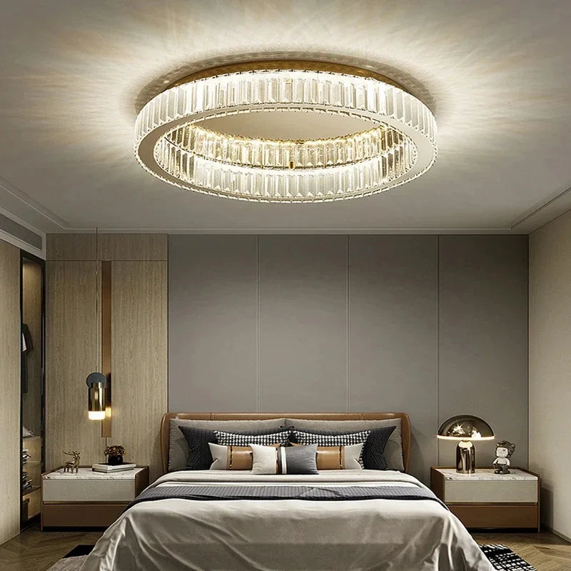 Modern LED Gold Crystal Ceiling Lights Circle Shining Steel Ceiling Chandelier for Living Room Bedroom Home Decor Crystal Lamps