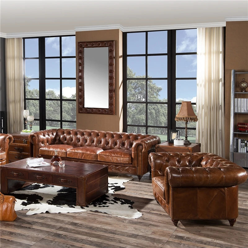 Tufted Vintage High quality Eco-friendly Leather Chesterfield Sofa with Chrome Casters 1+2+3 Sofa Set Home Furniture