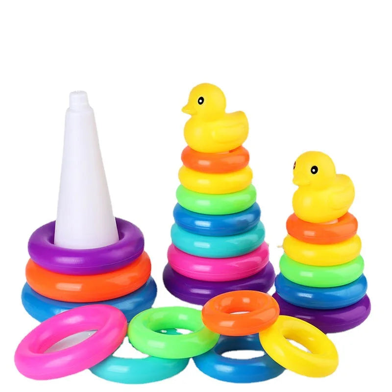 Children's Little Yellow Duck Rainbow Tower Stacking Ring Baby Early Childhood Education Puzzle Ring Montessoris Toy Kids