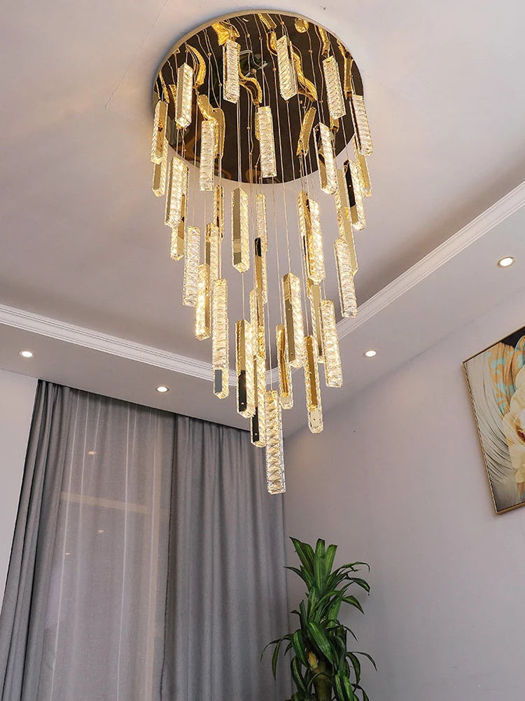 Modern LED Crystal Chandelier K9 Crystal Stair Light Chrome Gold Duplex Spiral Stair Chandelier Dining Room Art Chandelier