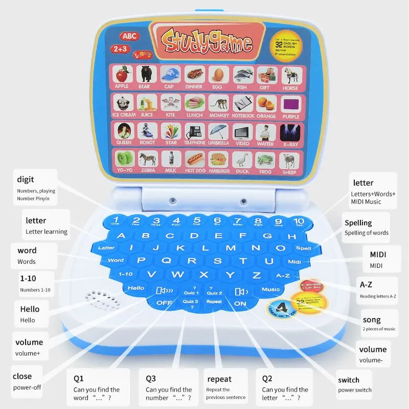 English Learning Small Laptop Toy for Kids. Boys and Girls Computer for Aphabet ABC.Numbers.Words.Spelling.Maths.Music