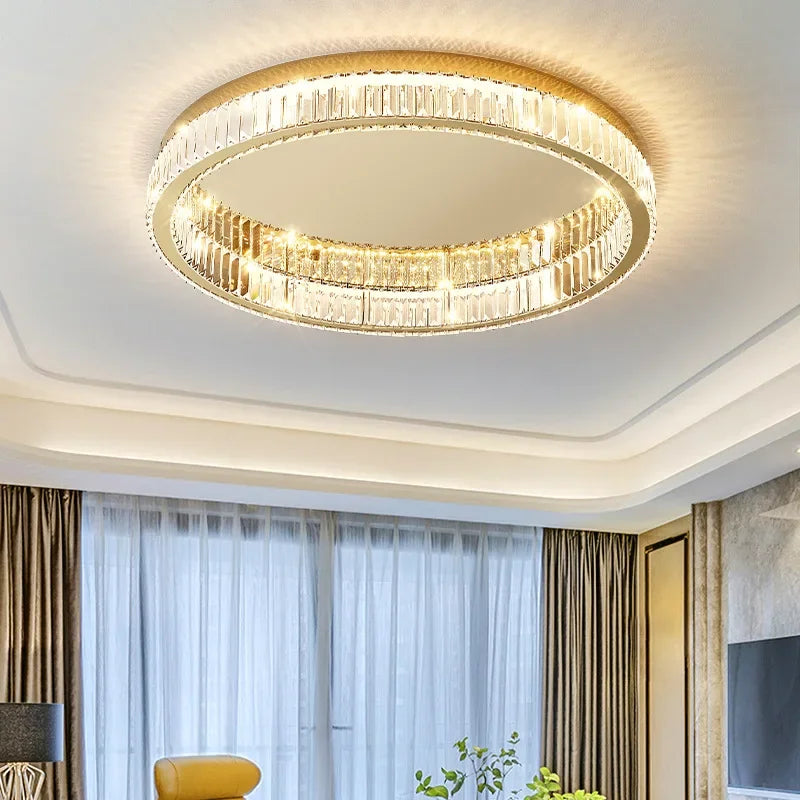 Modern LED Gold Crystal Ceiling Lights Circle Shining Steel Ceiling Chandelier for Living Room Bedroom Home Decor Crystal Lamps