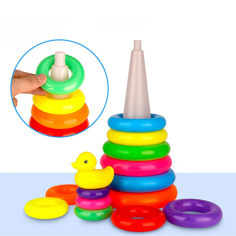 Children's Little Yellow Duck Rainbow Tower Stacking Ring Baby Early Childhood Education Puzzle Ring Montessoris Toy Kids