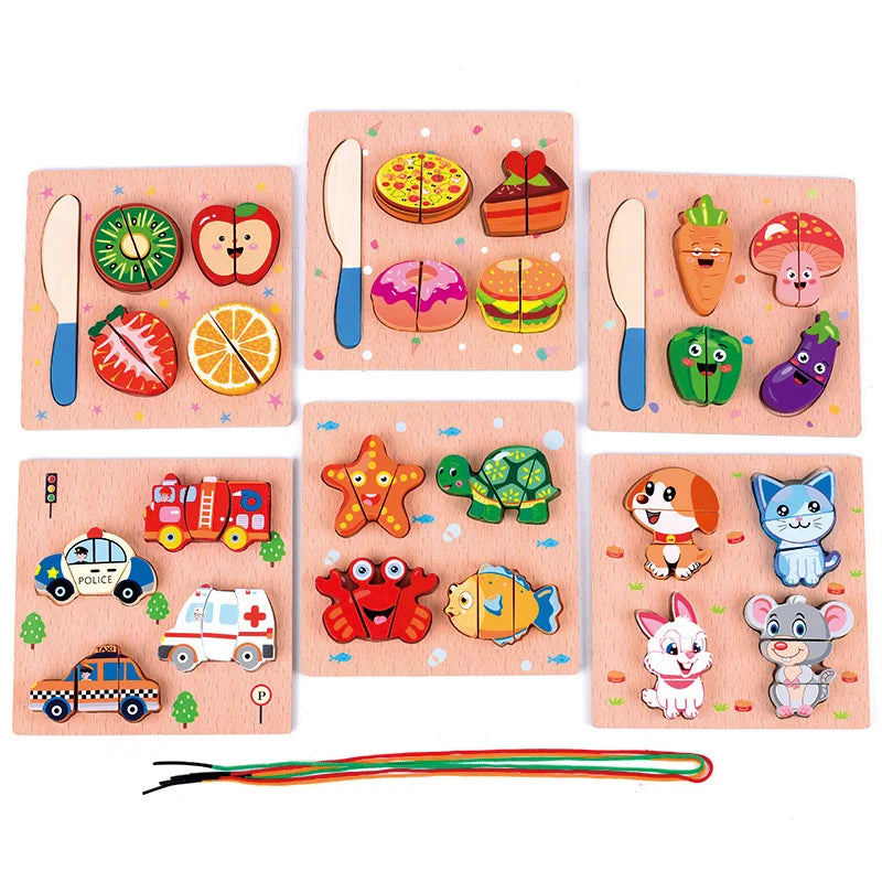 Montessori Wooden Toys Puzzle For Kids Car Animal Cognitive String Bead Building Blocks Cutting Fruits Educational Learning Toys