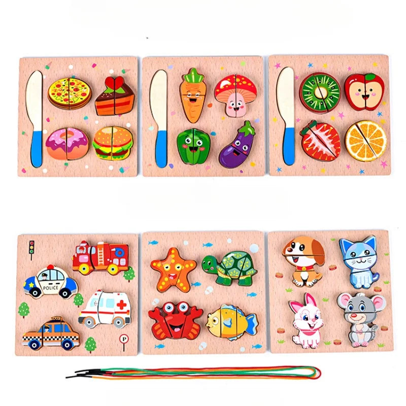 Montessori Wooden Toys Puzzle For Kids Car Animal Cognitive String Bead Building Blocks Cutting Fruits Educational Learning Toys