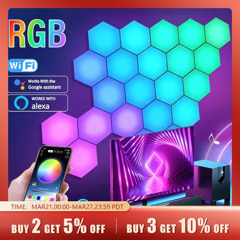 RGB Intelligent Hexagonal Wall Lamp Color-changing Ambient Night Light DYI Shape Music Rhythm APP Control For Game Room Bedroom