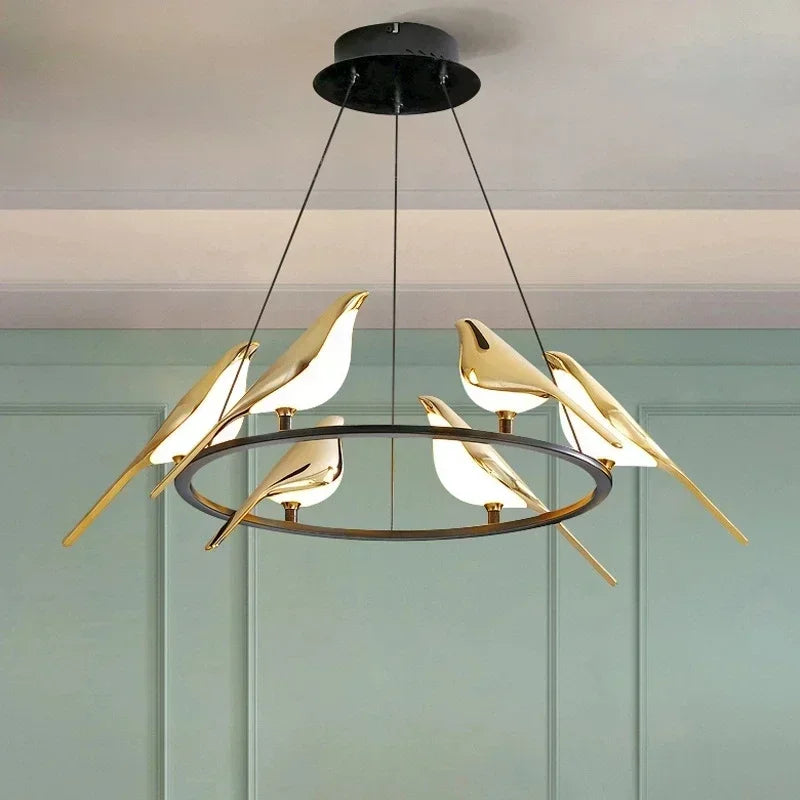 NEW LED Gold Magpie Bird Ceiling Chandelier for Dining Room Luminaire Suspension Pendant Lamp Decorative Lighting Lustre