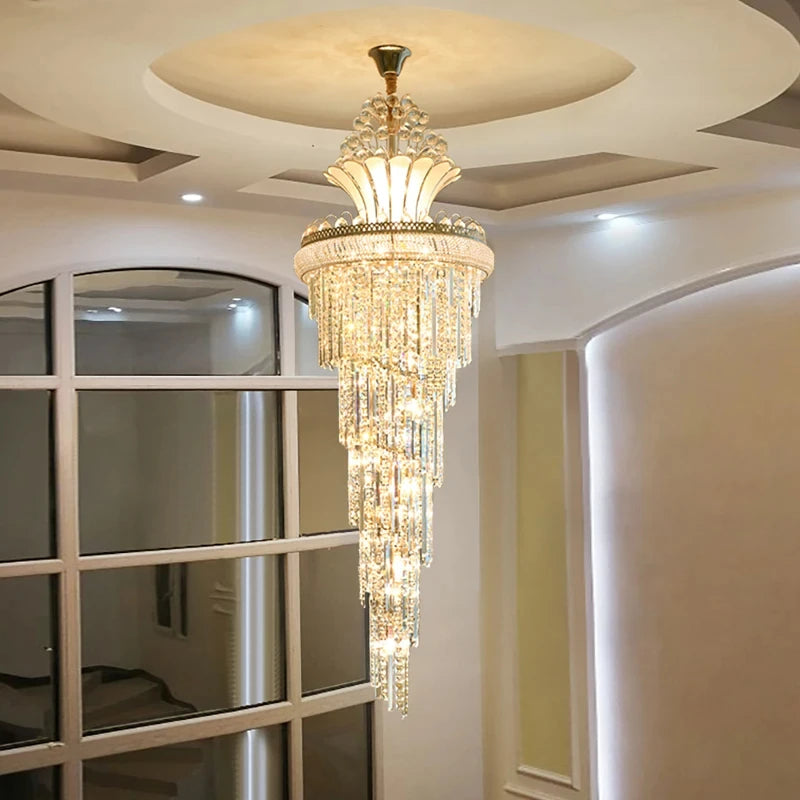 Stair Beaded Shiny Crystal Chandelier Gold Long Chandelier European Fashion Modern Pendant Lighing For Living Room Villa